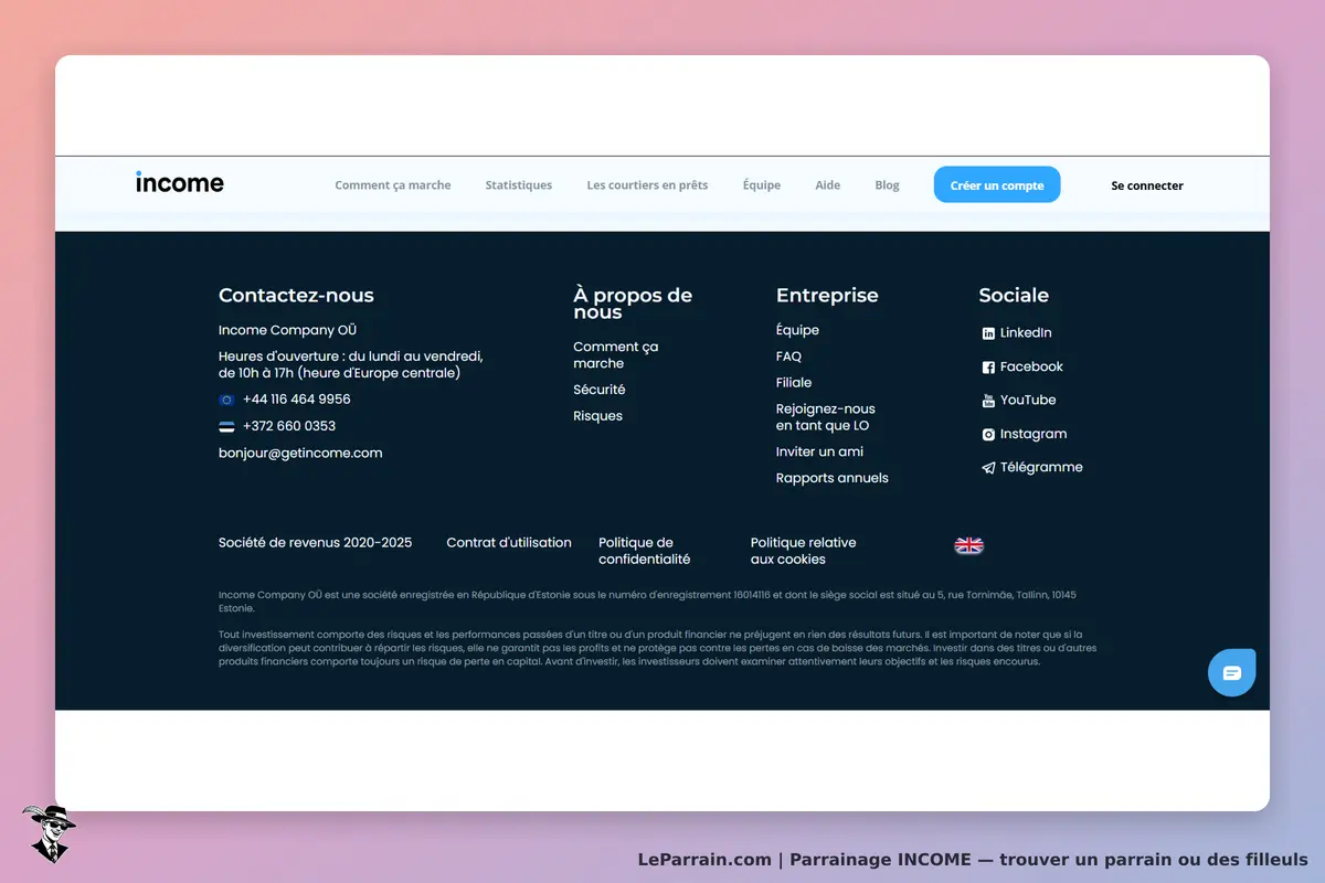 INCOME : section contact avec informations sur l'entreprise et liens vers les réseaux sociaux