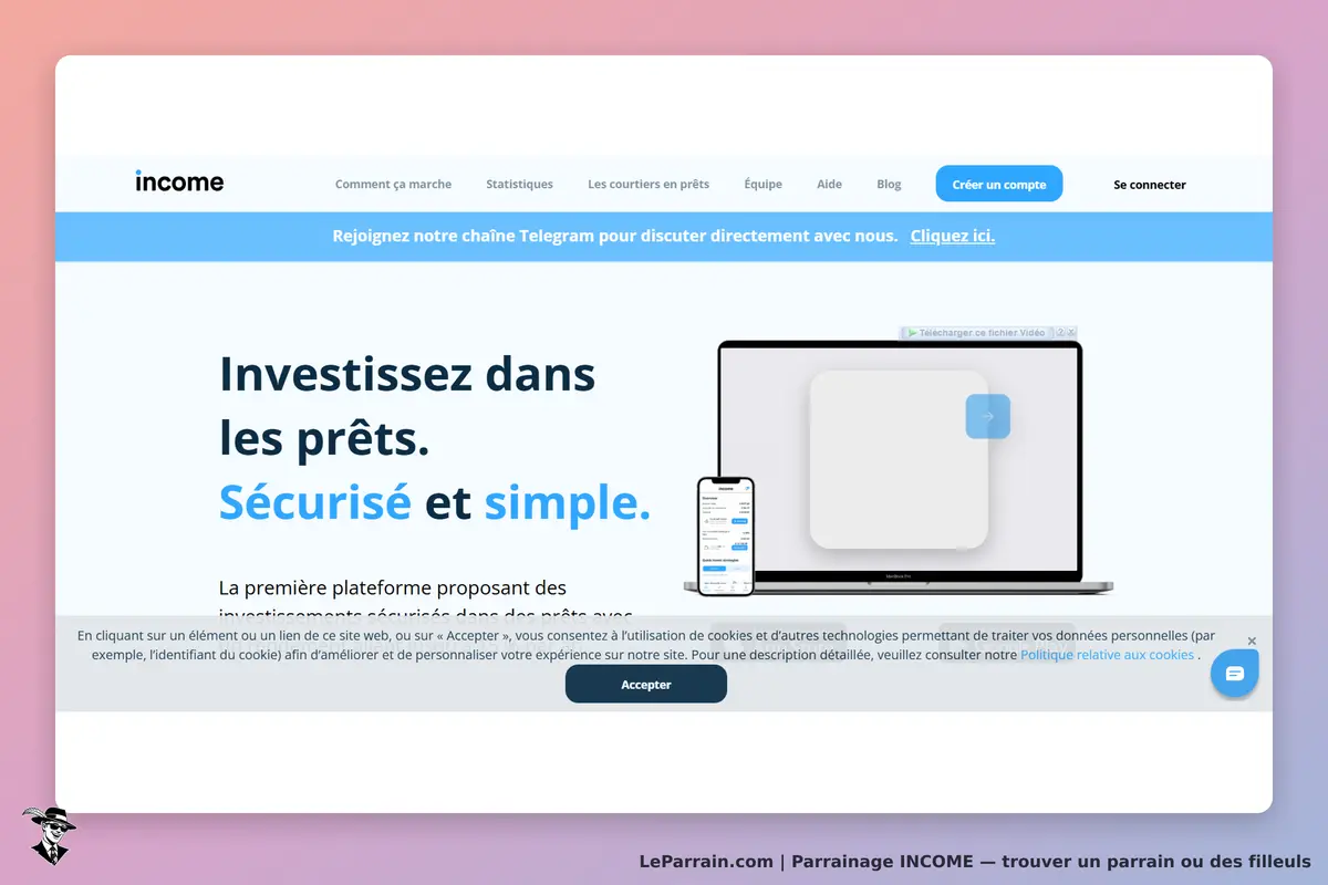INCOME : page d'accueil présentant un message sur l'investissement dans les prêts sécurisés