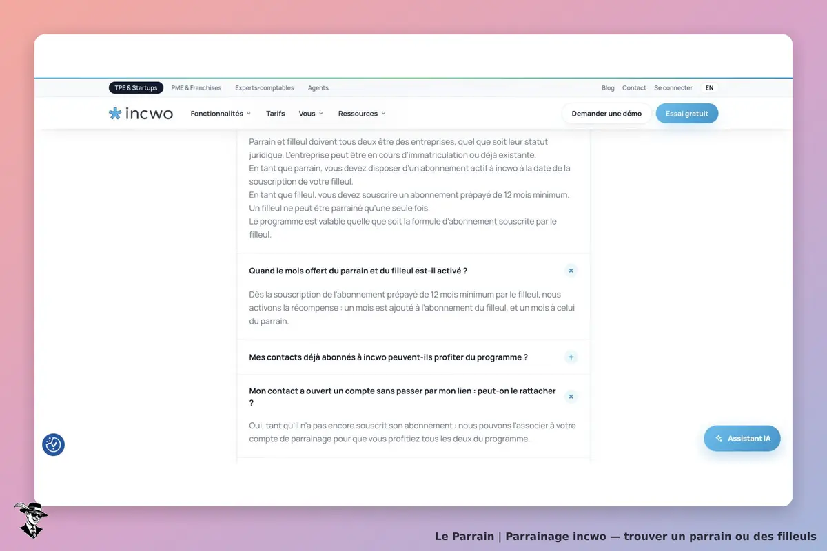 Page officielle incwo : un mois d’abonnement ajouté à chacun, abonnement actif du parrain et plafond partagé par tous les utilisateurs d’un même compte.