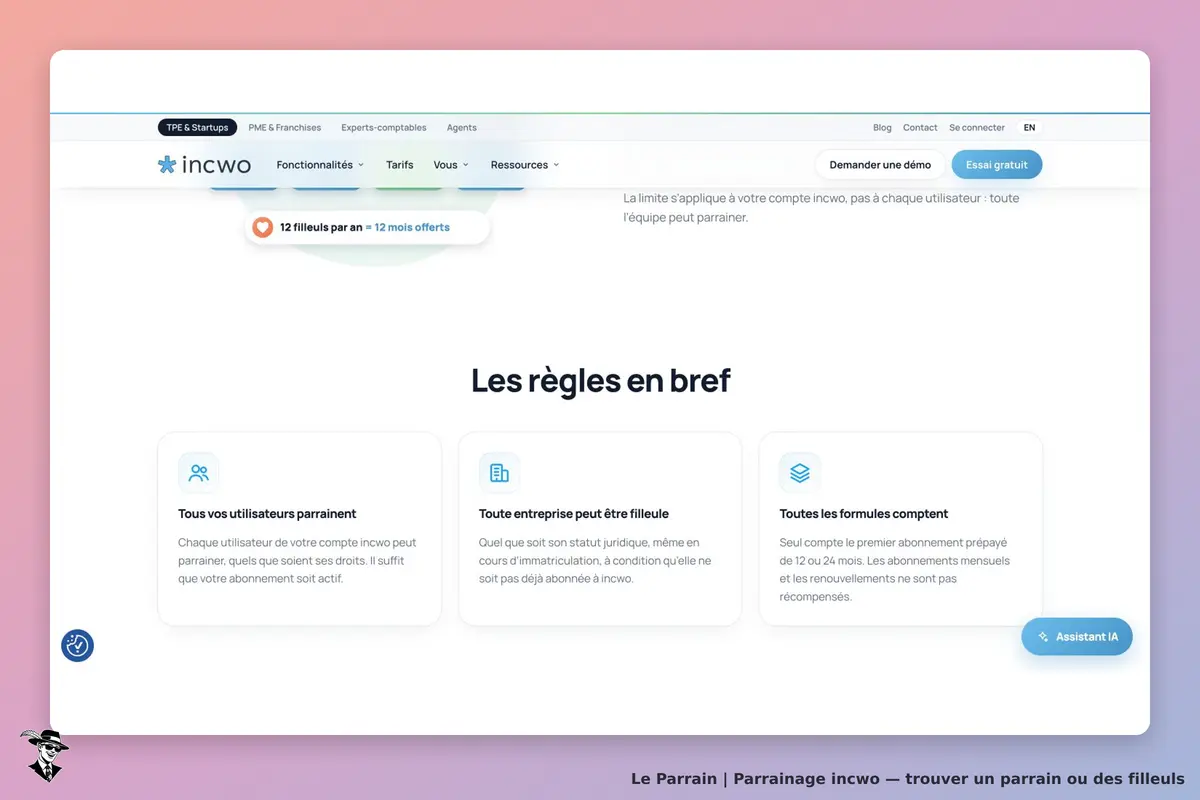 Page officielle incwo : premier prépayé du filleul de 12 ou 24 mois, mensuels et renouvellements exclus ; douze premiers filleuls récompensés par an et par compte.