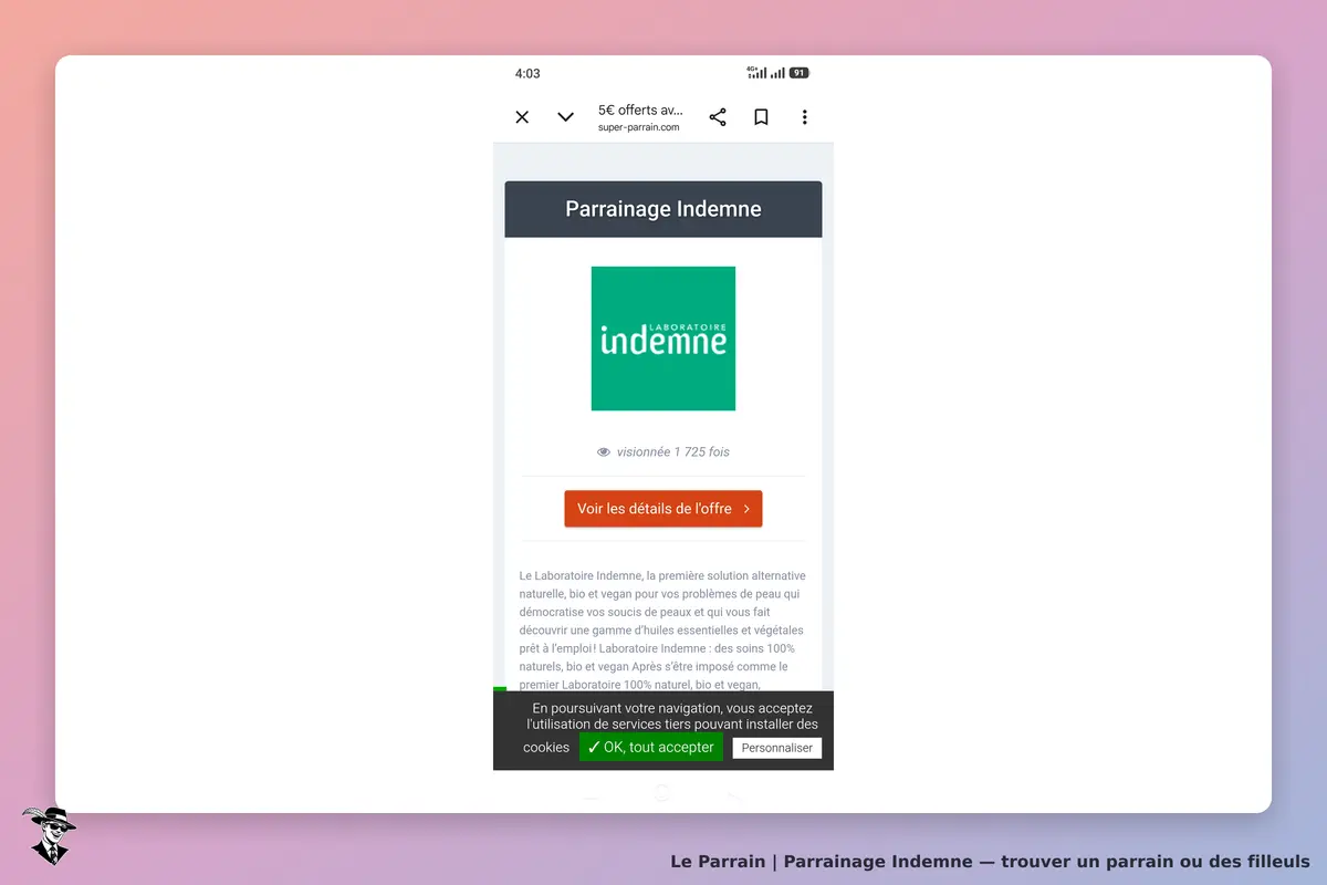 Indemne : capture d'écran de la page de parrainage avec logo et description des produits