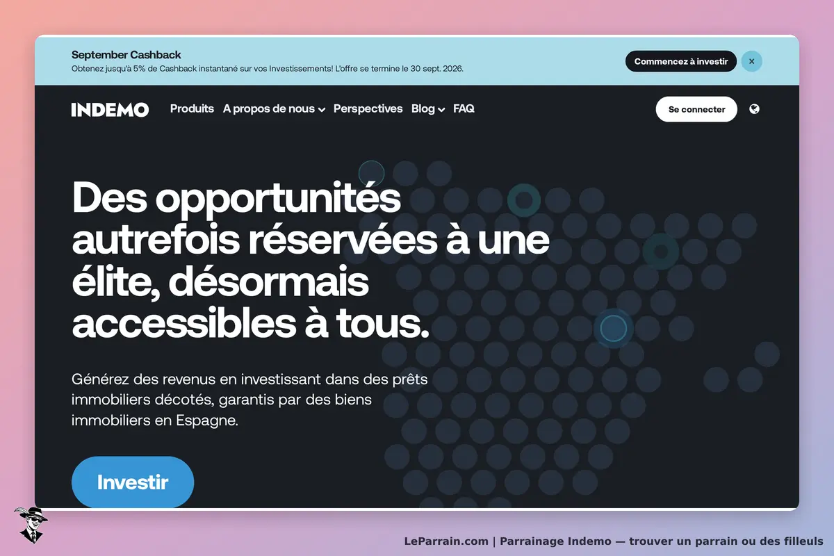INDemo : page d'accueil avec texte sur les opportunités d'investissement et bouton pour investir