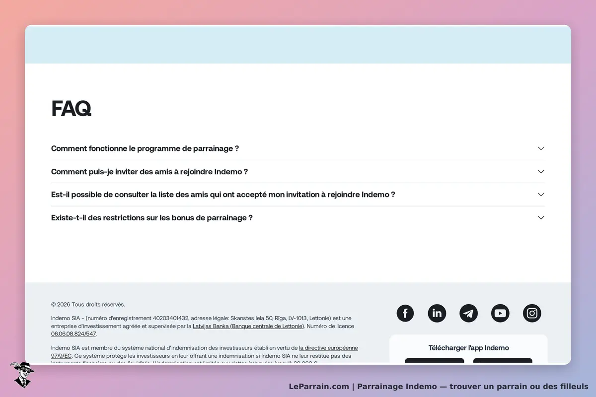 Indemo : section FAQ avec quatre questions sur le programme de parrainage
