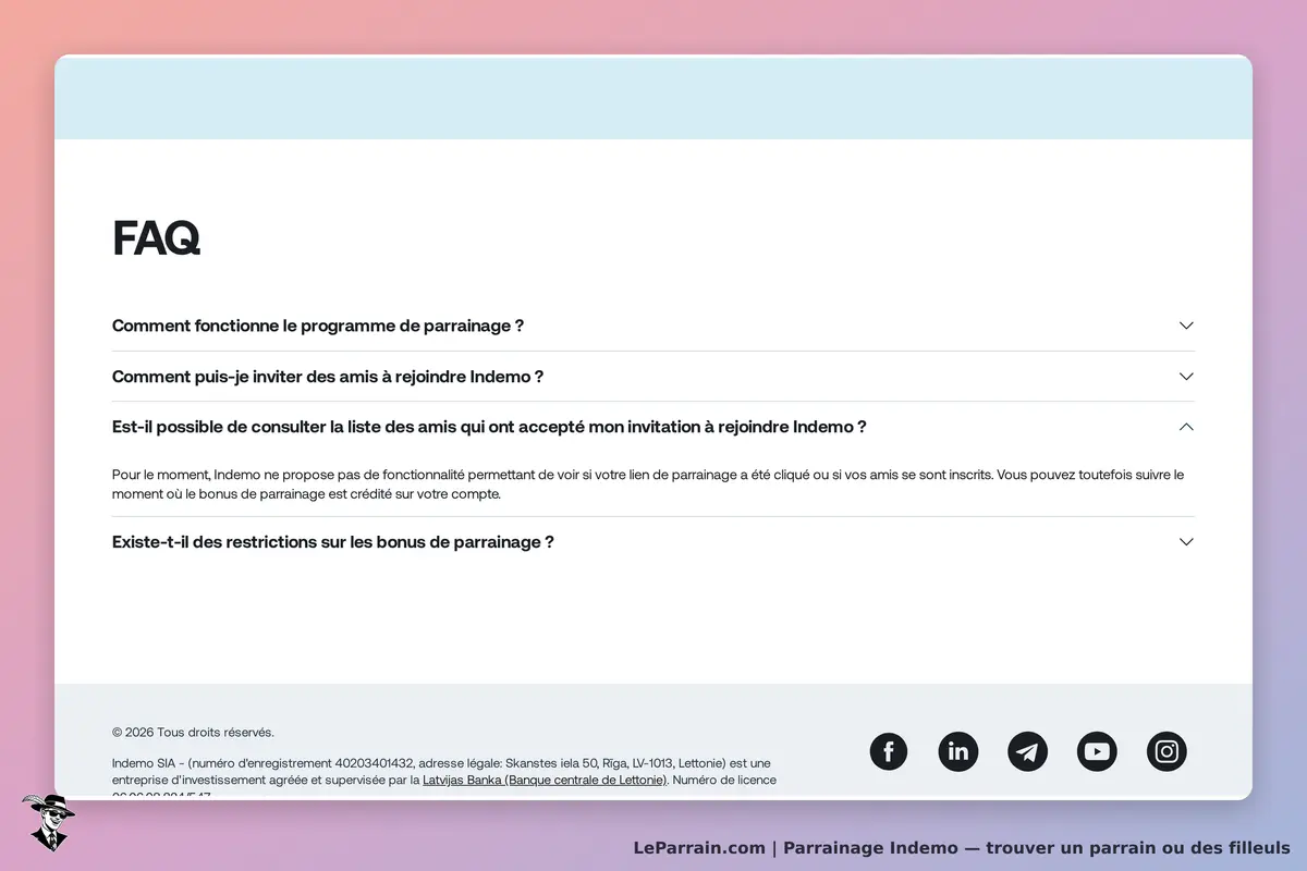 Indemo : section FAQ avec quatre questions sur le programme de parrainage et des réponses