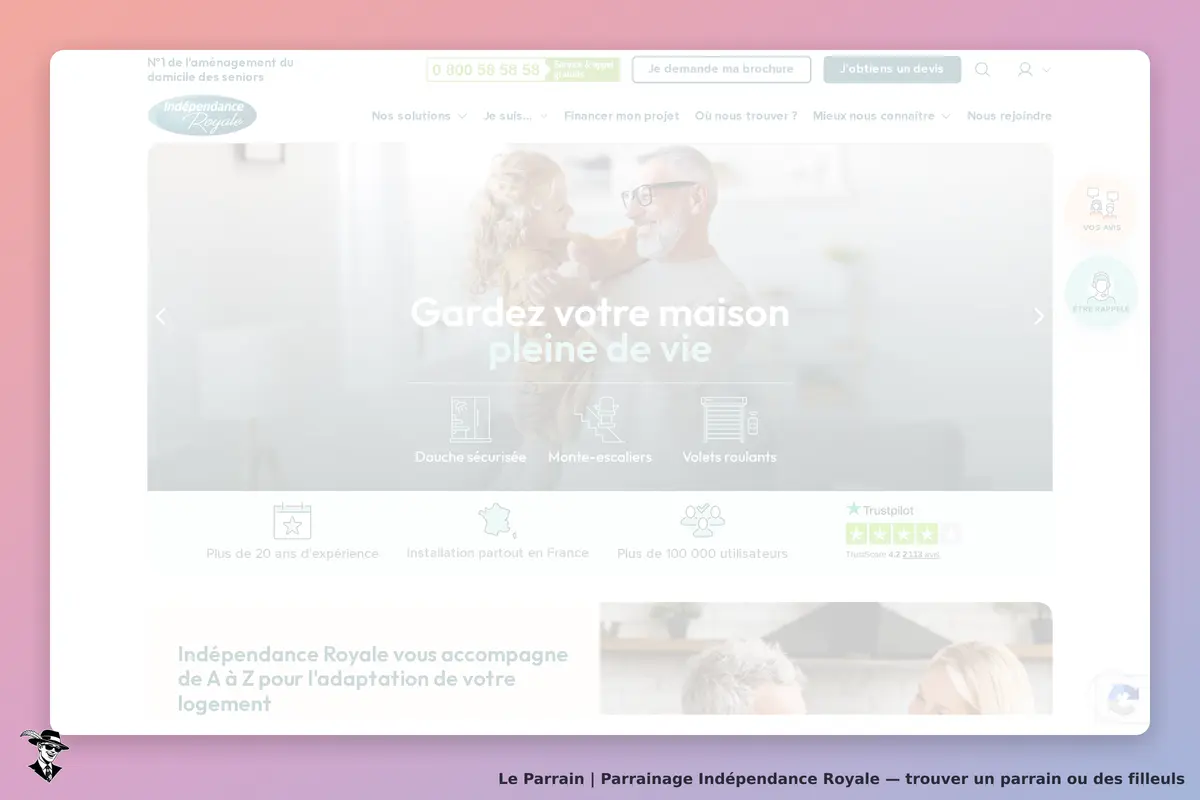 Indépendance Royale : page d'accueil avec un slogan et des services pour l'aménagement des seniors