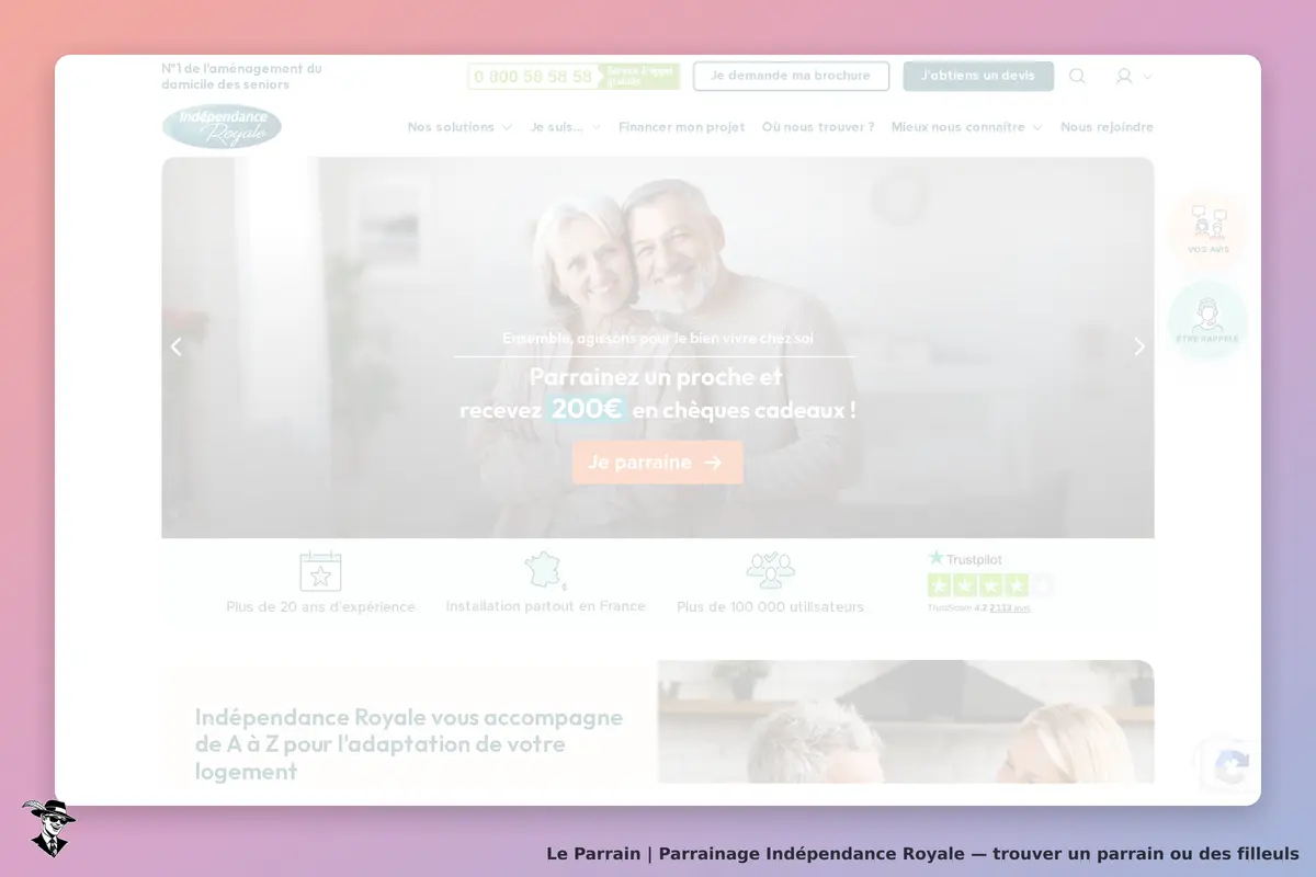 Indépendance Royale : page d'accueil avec un couple souriant et un message sur le parrainage