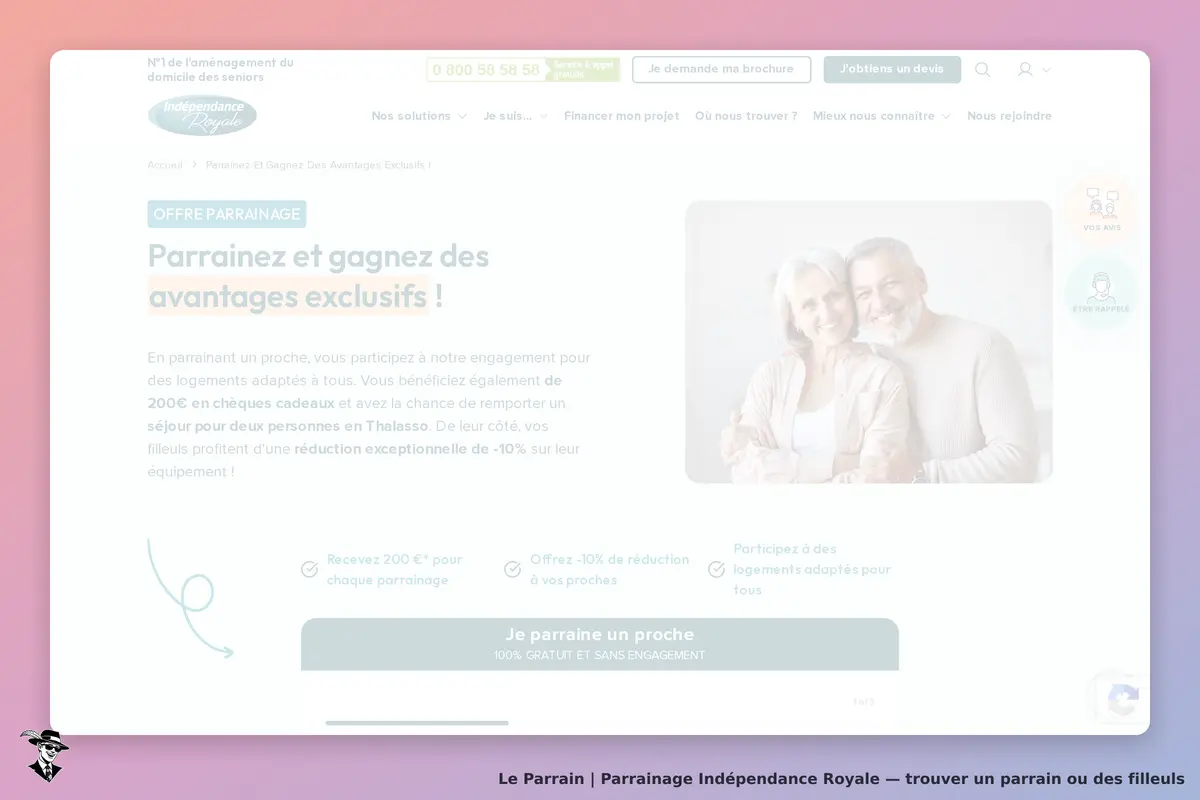 Indépendance Royale : page d'accueil avec offre de parrainage et image d'un couple souriant