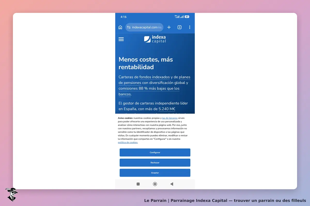 Indexa Capital : page d'accueil présentant des services d'investissement et un avis sur les cookies
