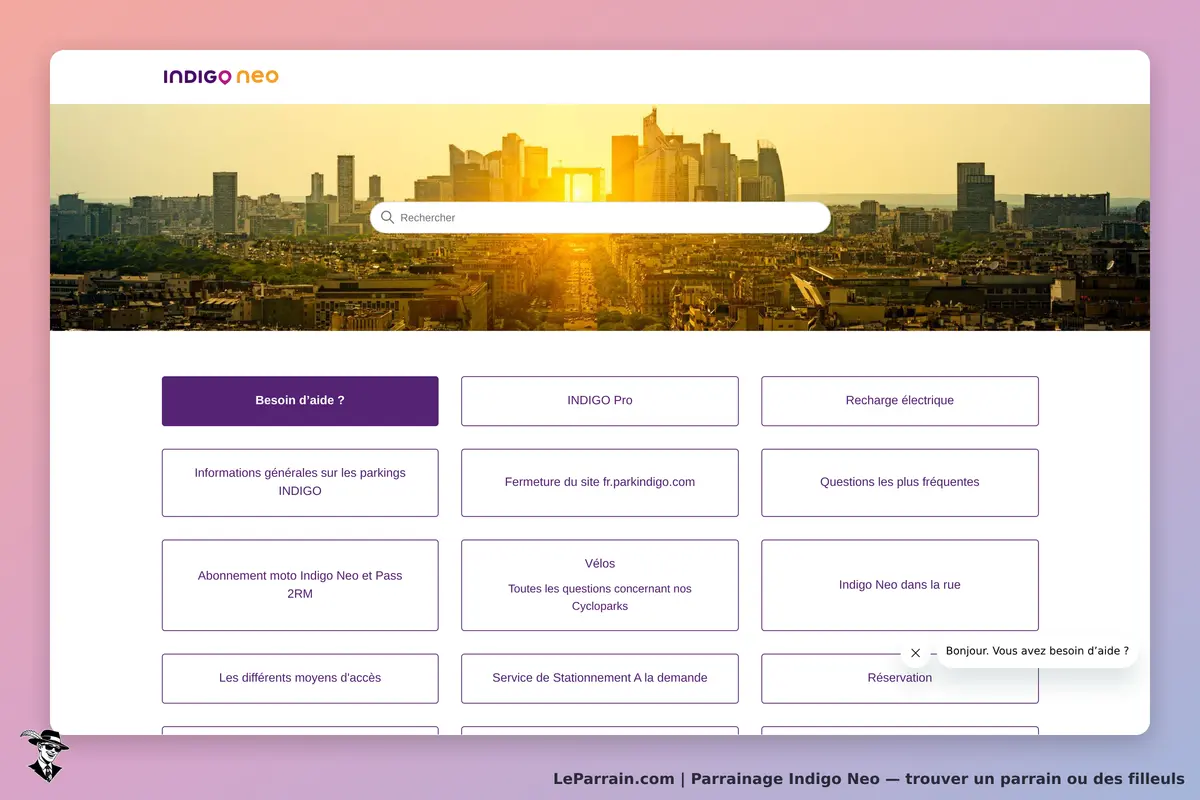 Indigo Neo : page d'accueil avec recherche et options d'aide sur les services proposés