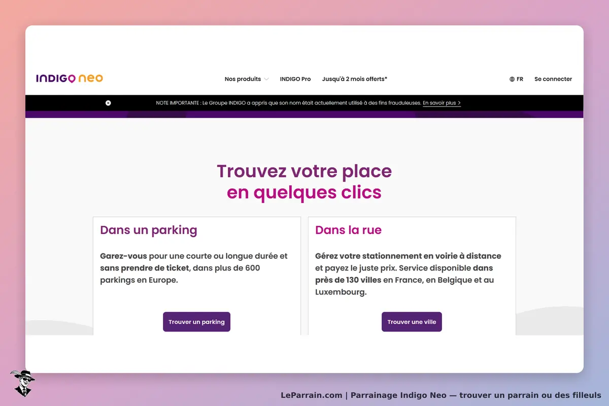 Indigo Neo : page d'accueil avec options de stationnement en parking et dans la rue