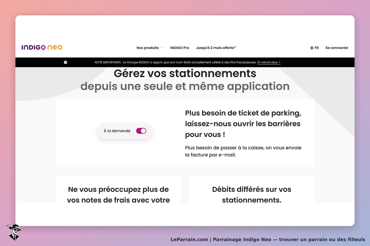 Indigo Neo : page d'accueil présentant la gestion des stationnements via une application unique