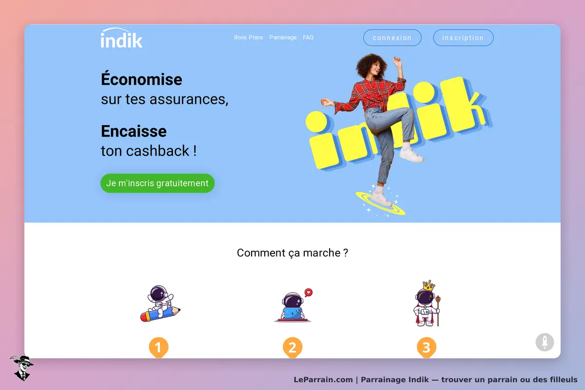 Indik : page d'accueil avec un personnage, bouton d'inscription et étapes explicatives