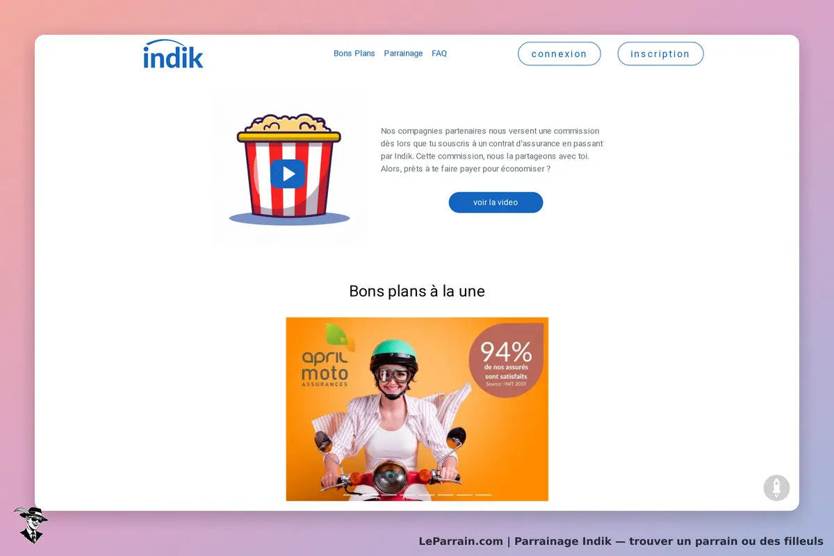 indik : page d'accueil avec une vidéo et un bon plan pour une assurance moto