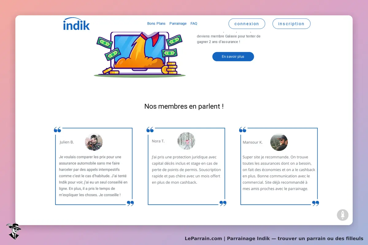 Indik : page d'accueil avec témoignages de membres sur leurs expériences et recommandations