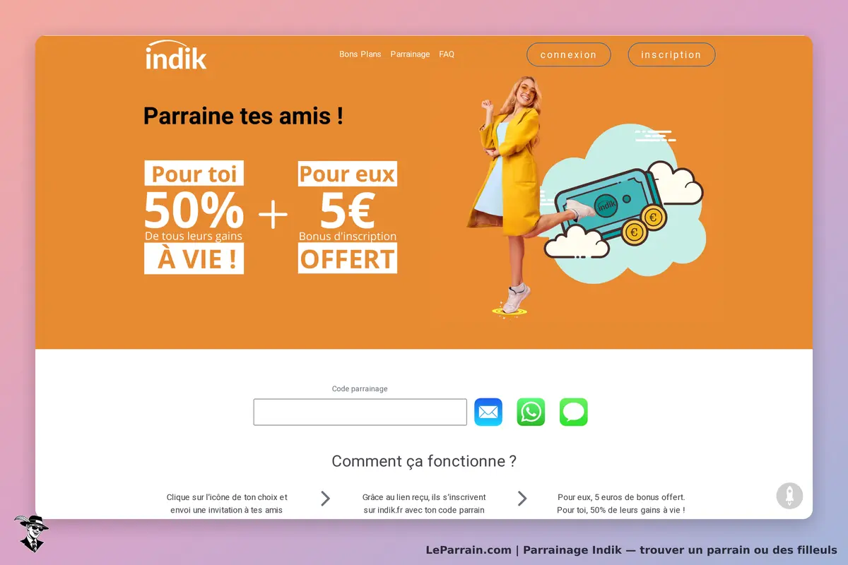 Indik : page d'accueil avec une femme en jaune et un formulaire de parrainage