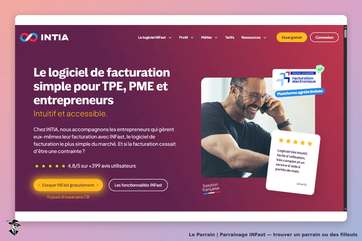 INFast : iNTIA : page d'accueil présentant un logiciel de facturation avec un utilisateur souriant