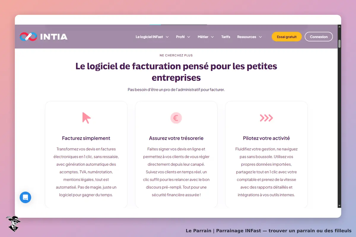 INFast : iNTIA : page d'accueil présentant le logiciel de facturation pour les petites entreprises