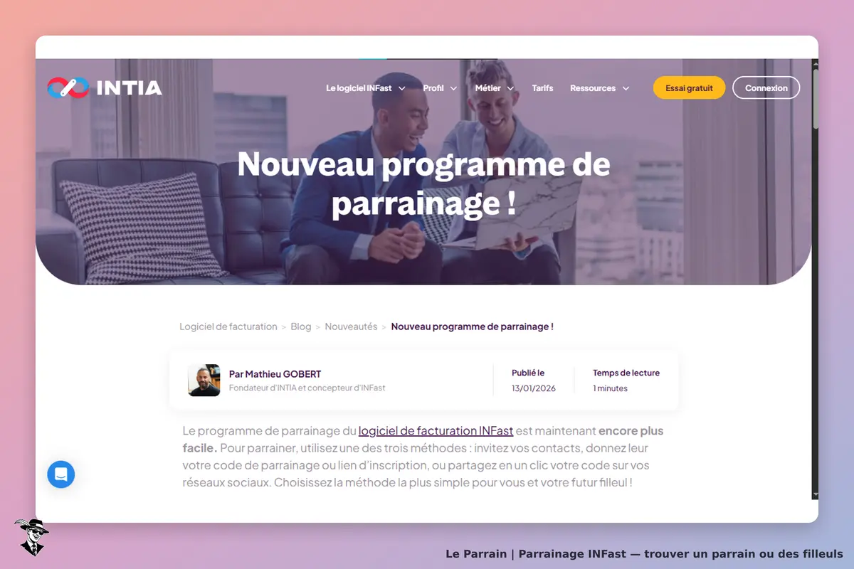 INFast : iNTIA : page d'accueil présentant un nouveau programme de parrainage avec deux personnes