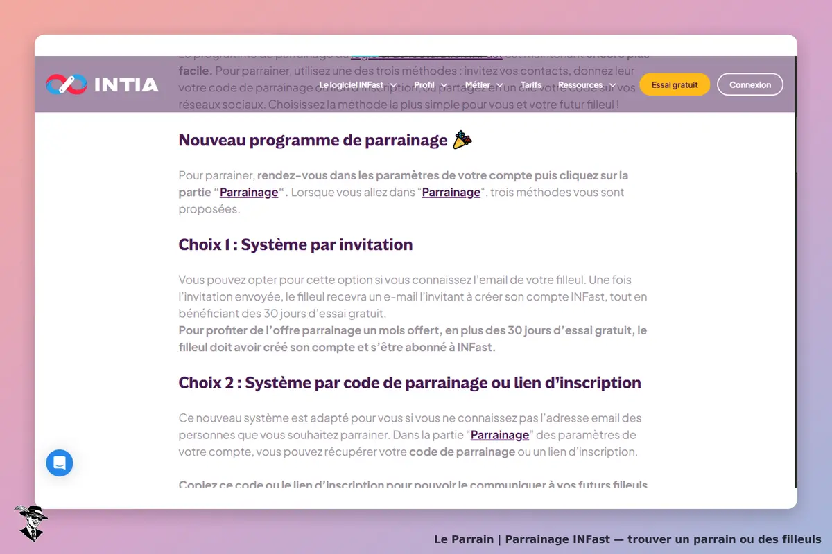 INFast : iNTIA : capture d'écran du programme de parrainage avec deux choix de méthodes