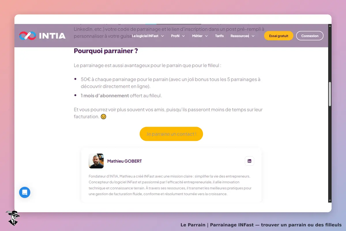 INFast : iNTIA : page d'accueil présentant les avantages du parrainage et un témoignage de Mathieu