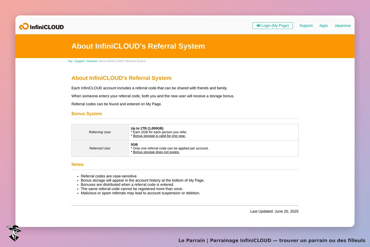 Page parrainage de InfiniCLOUD