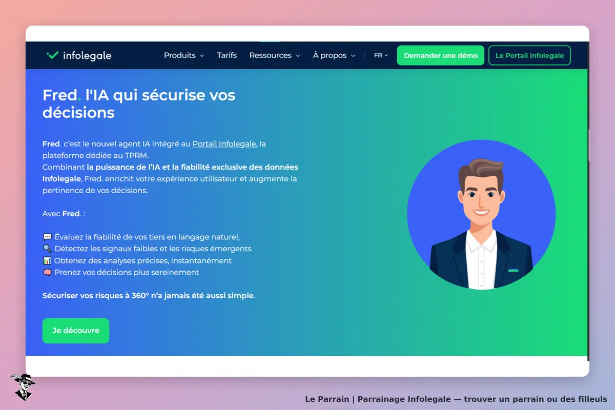 Infolegale : page d'accueil présentant l'agent IA Fred et ses fonctionnalités