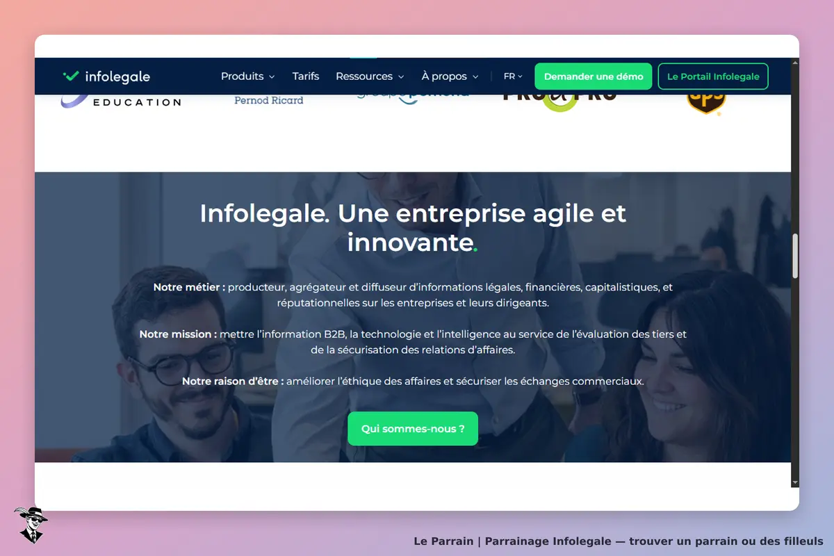 Infolegale : page d'accueil présentant l'entreprise et sa mission avec un bouton d'action