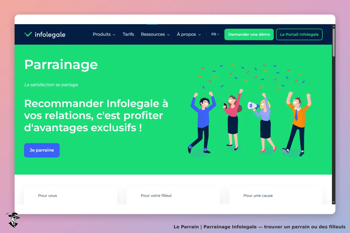 Infolegale : page d'accueil présentant le parrainage avec des illustrations colorées et un message