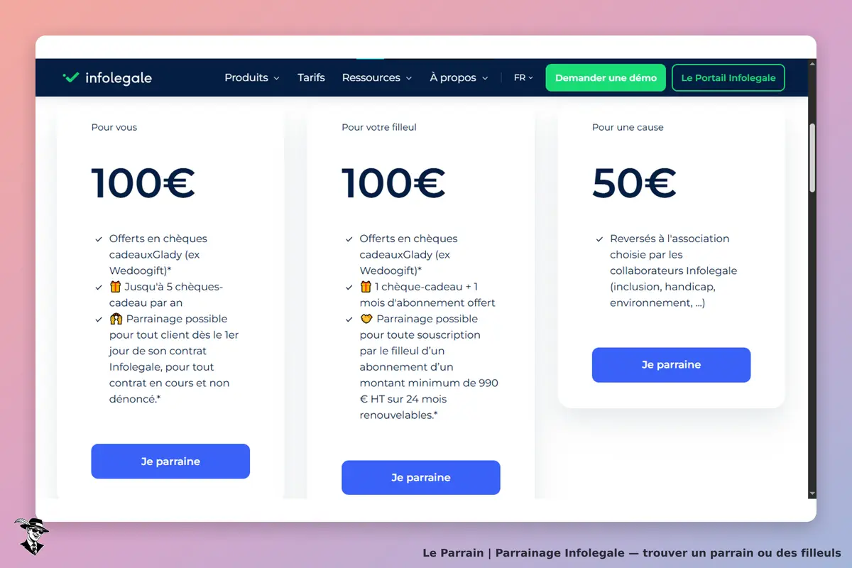 Infolegale : trois offres de parrainage avec des montants et des avantages affichés
