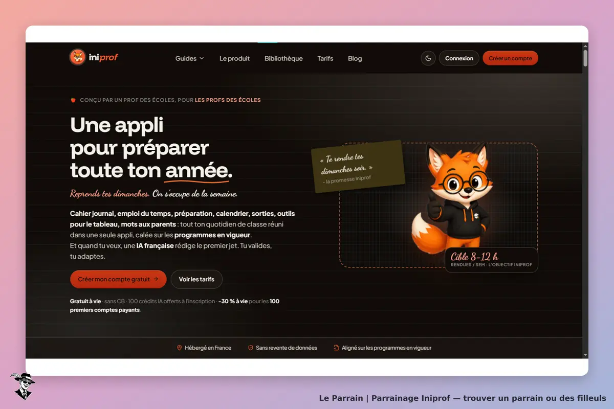 Iniprof : page d'accueil avec un personnage de renard et présentation de l'application