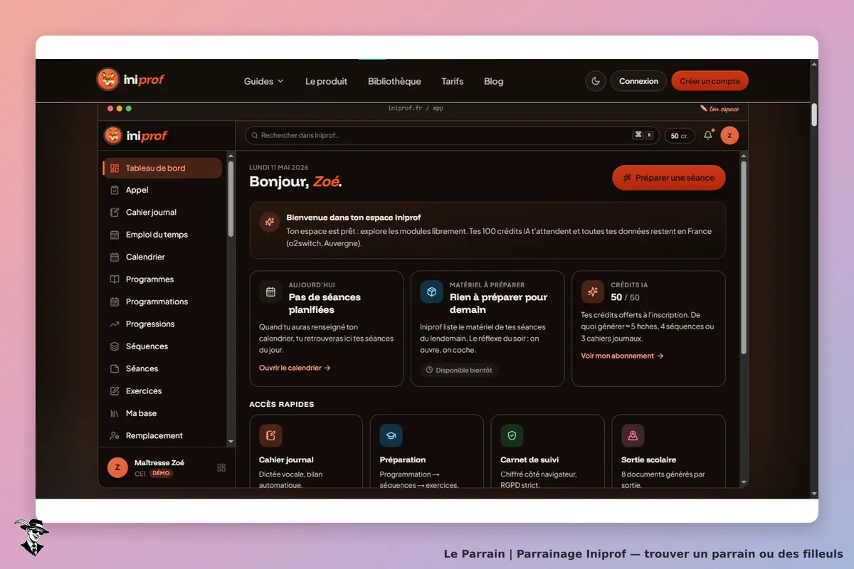 Iniprof : tableau de bord avec message de bienvenue et accès à diverses fonctionnalités