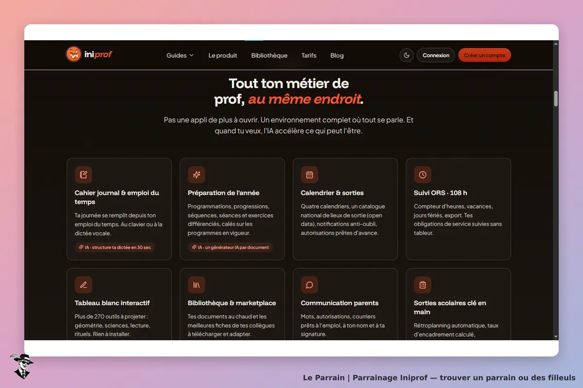 Iniprof : page d'accueil présentant divers outils pour enseignants et fonctionnalités disponibles