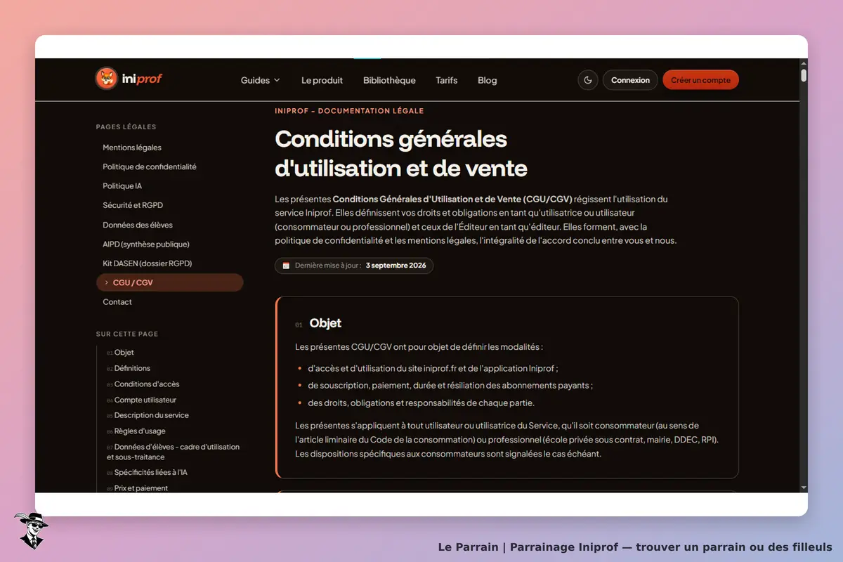 Iniprof : page des conditions générales d'utilisation et de vente avec menu latéral