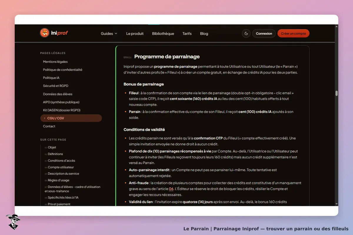Iniprof : page sur le programme de parrainage avec conditions et bonus pour parrains et filleuls