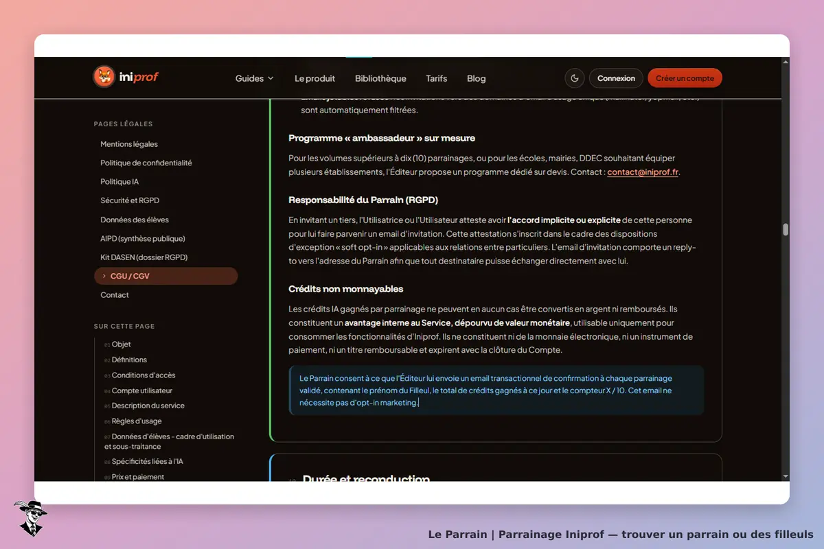 Iniprof : page d'accueil avec sections sur les CGU, crédits non monnayables et responsabilités