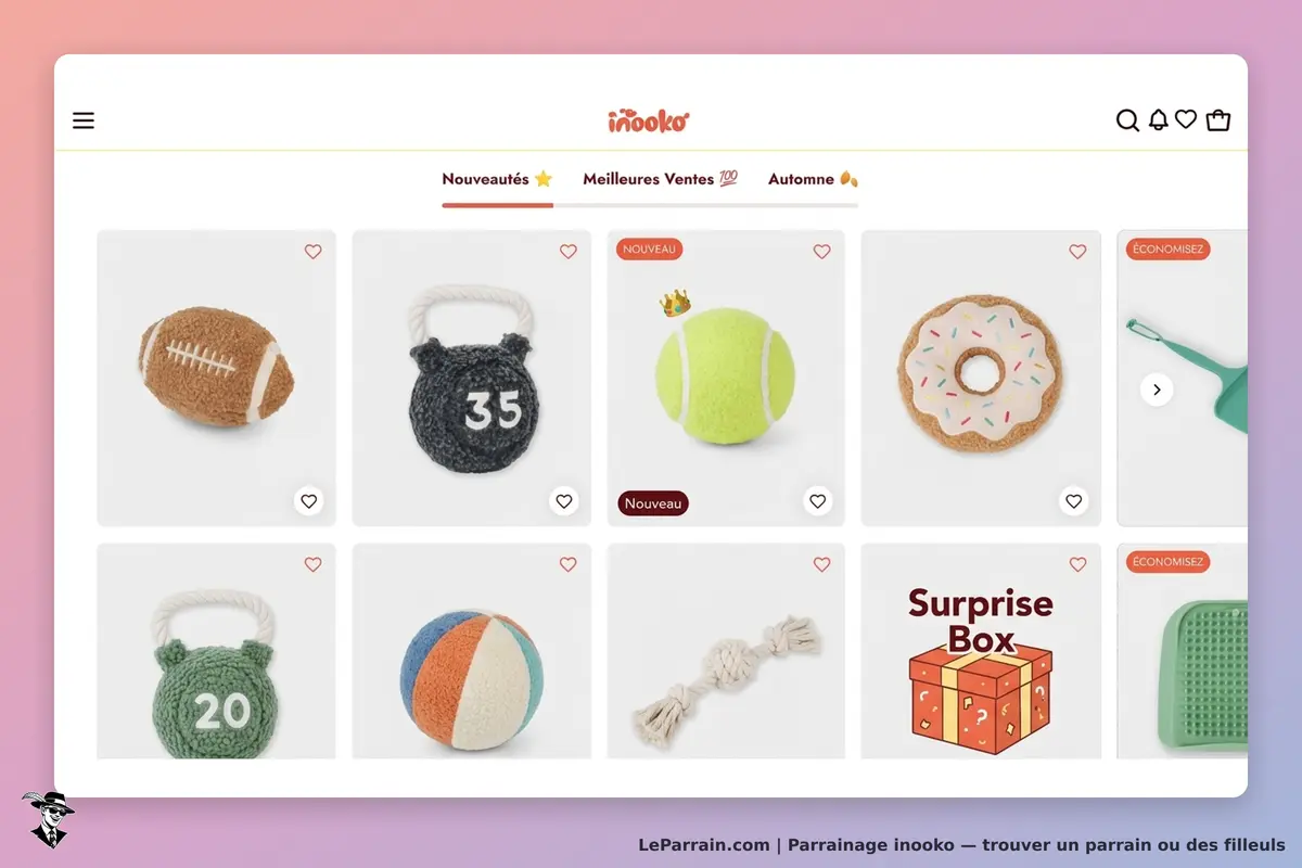 inooko : page d'accueil avec divers jouets pour animaux, incluant ballons et friandises