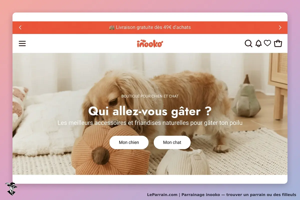 inooko : page d'accueil avec un chien jouant et des boutons pour choisir entre chien et chat