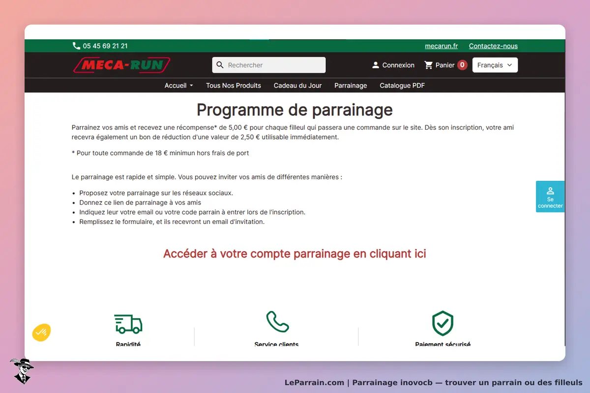 inovocb : mECA-RUN : page d'accueil du programme de parrainage avec instructions et options d'accès