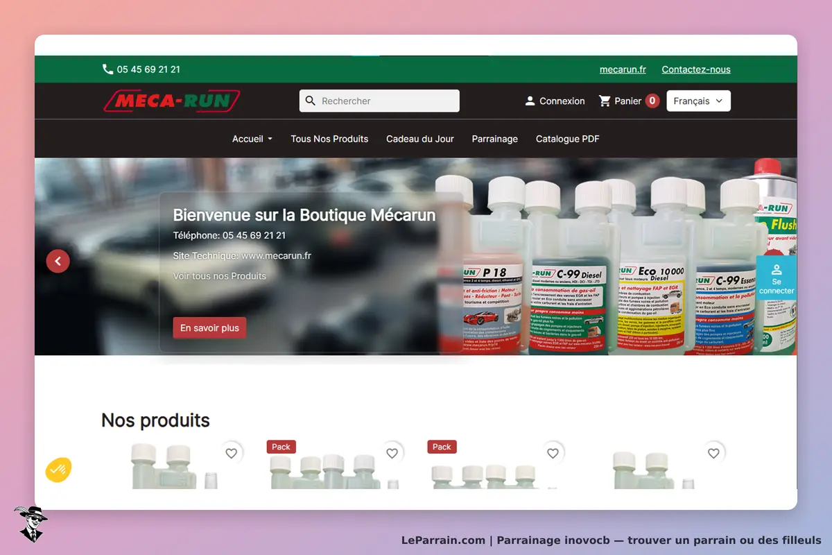 inovocb : mÉCA-RUN : page d'accueil avec produits et informations de contact affichées