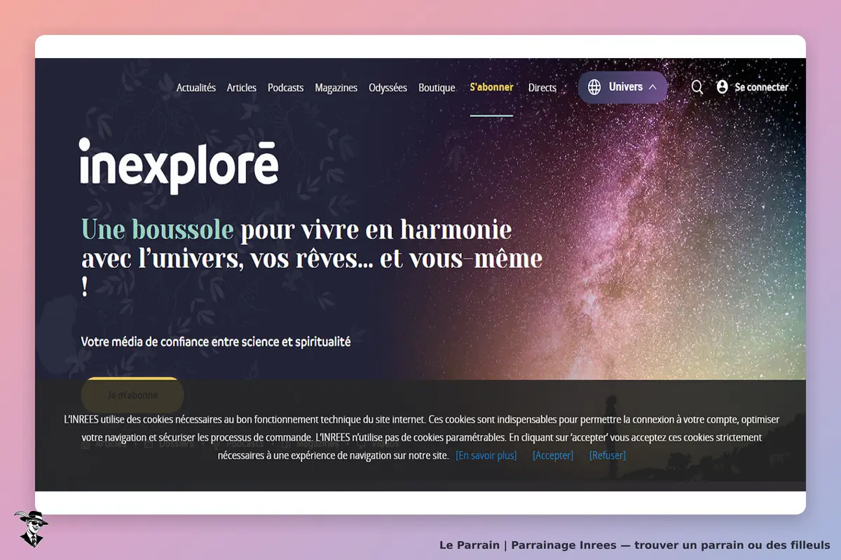 Inrees : page d'accueil présentant le média Inexploré et son slogan sur l'harmonie avec l'univers