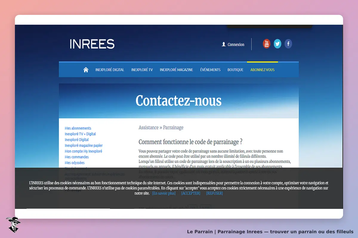 INREES : page d'assistance sur le parrainage avec un formulaire et des informations explicatives