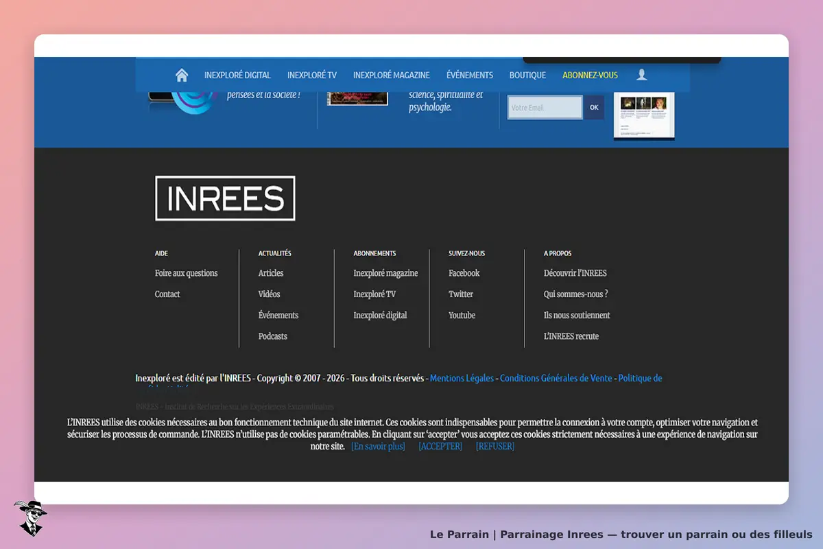 Inrees : pied de page avec liens vers articles, abonnements et réseaux sociaux