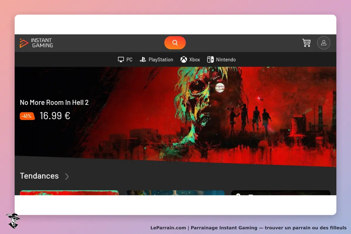 Instant Gaming : page d'accueil affichant le jeu "No More Room In Hell 2" et des tendances