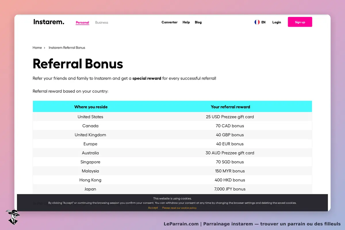Instarem : page sur les bonus de parrainage avec tableau des récompenses par pays