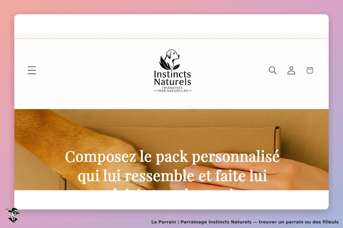 Instincts Naturels : page d'accueil avec un chien et un message sur la personnalisation de produits
