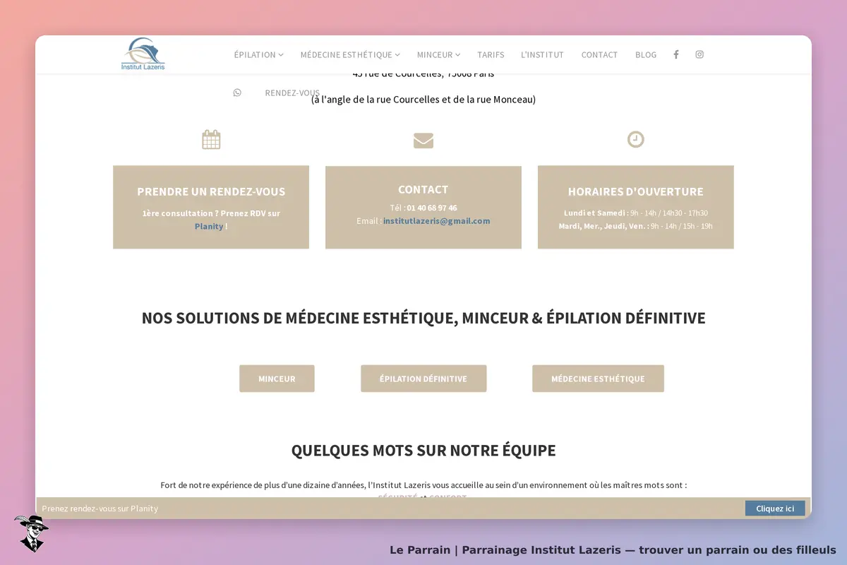 Institut Lazeris : page d'accueil avec options de rendez-vous, contact et horaires d'ouverture
