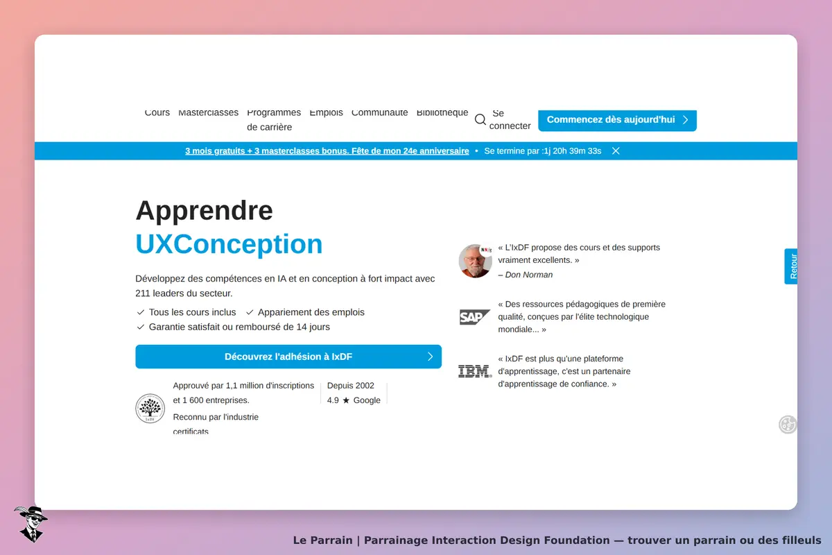 Interaction Design Foundation : page d'accueil présentant le cours UXConception et ses avantages