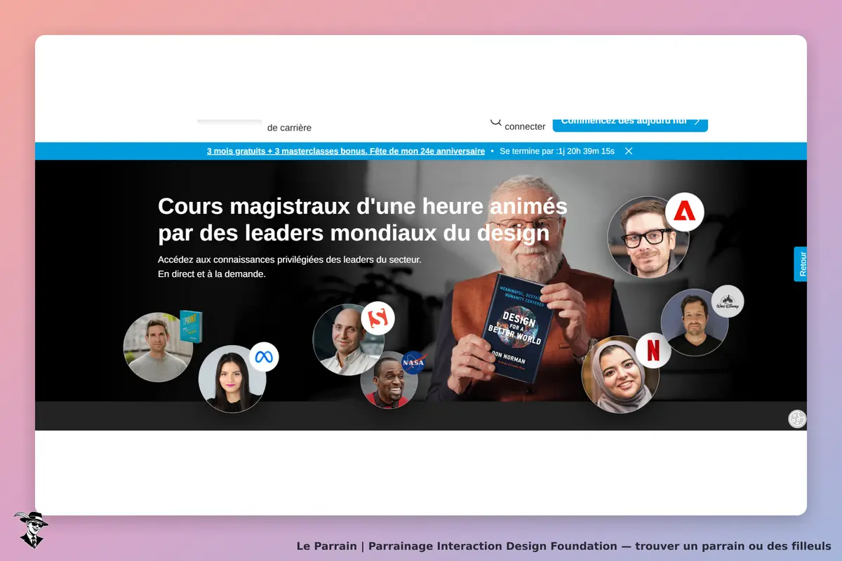 Interaction Design Foundation : page d'accueil présentant des cours animés par des experts en