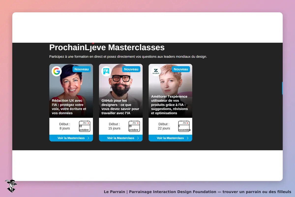 Interaction Design Foundation : trois masterclasses avec images et dates de début affichées