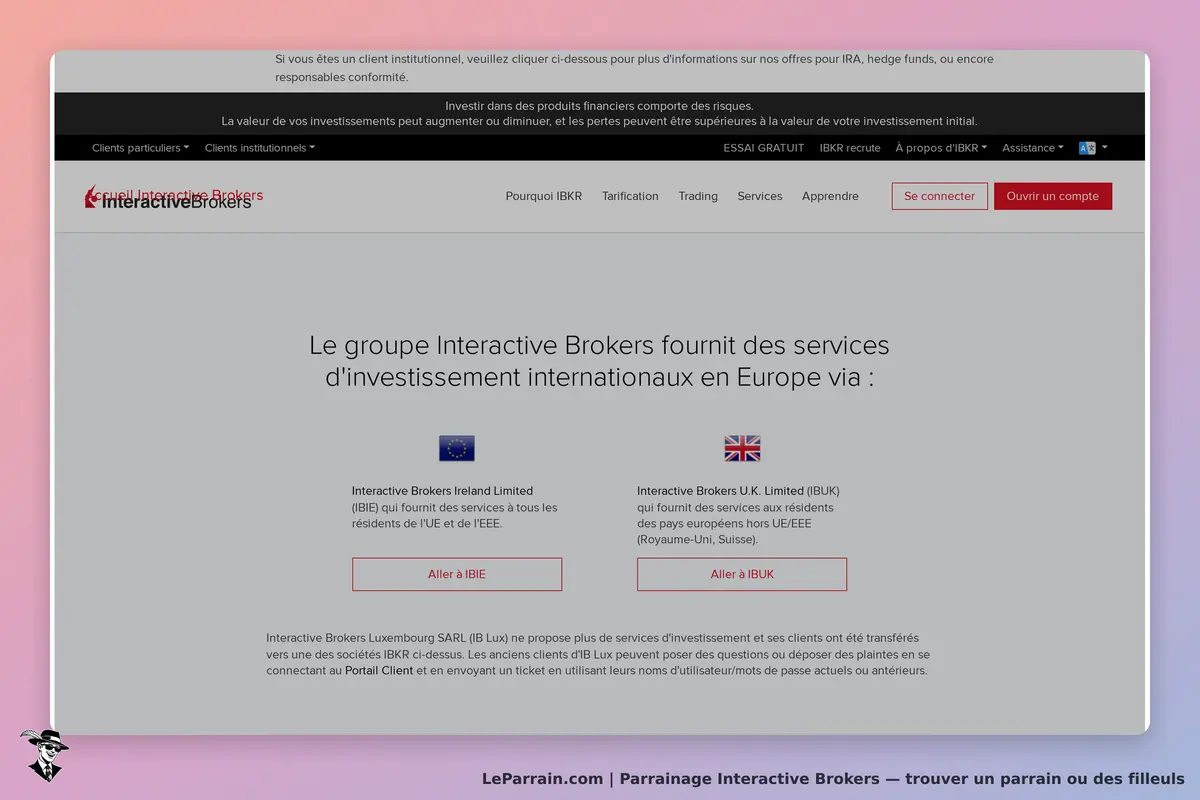 Interactive Brokers : page d'accueil présentant les services d'investissement en Europe
